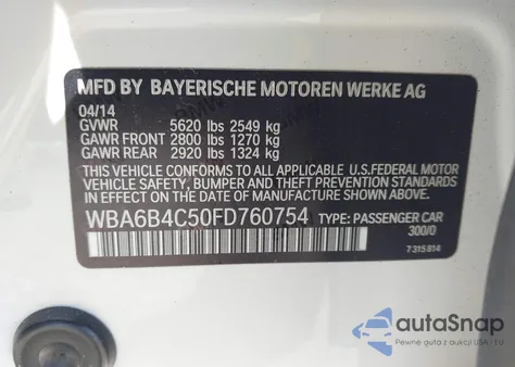 2015 BMW 650I Gran Coupe xDrive из США, поврежденный, VIN WBA6B4C50FD760754